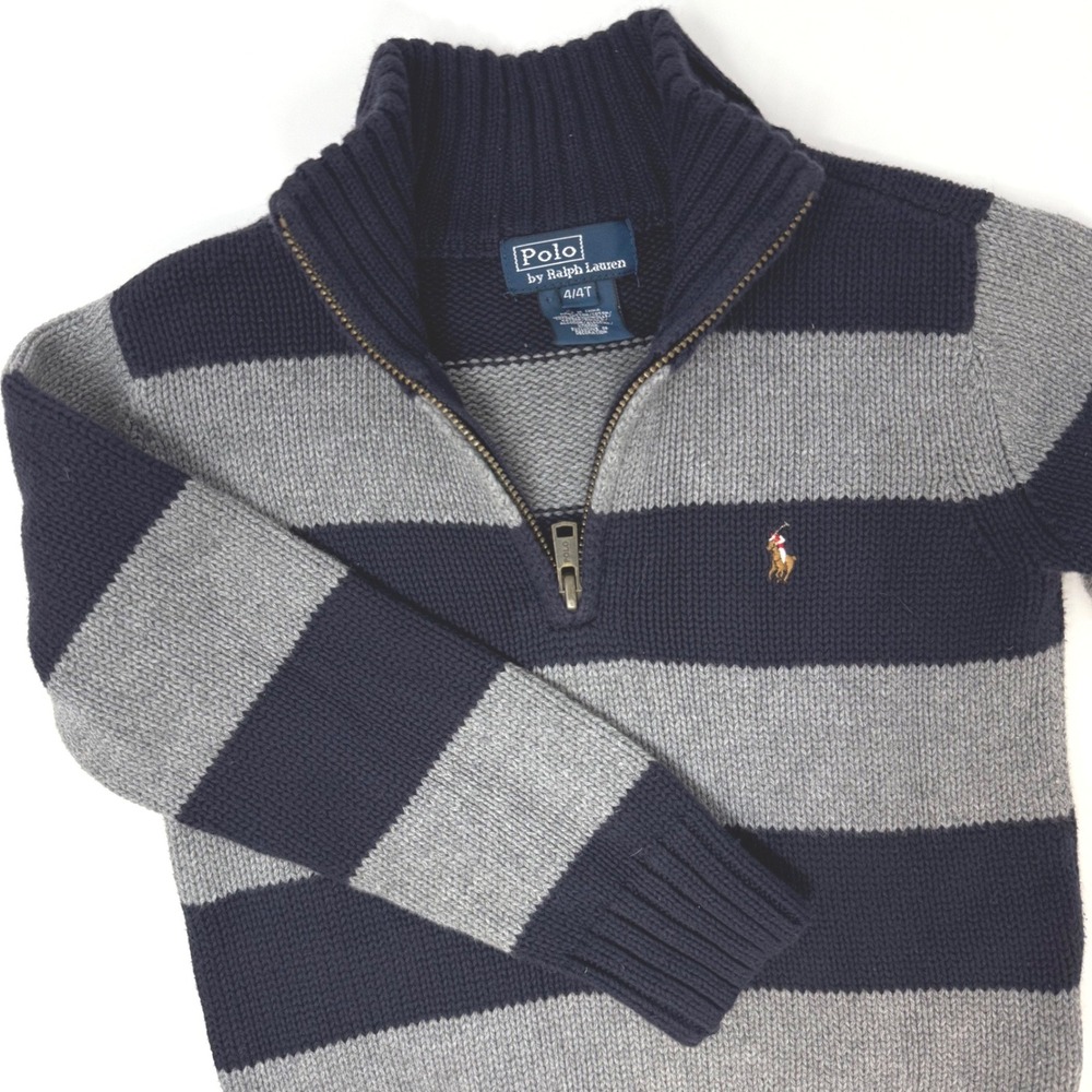 Polo Ralph Lauren Navy Grey Striped Quarter Zip Cotton Sweater Boys 4/4T Logo